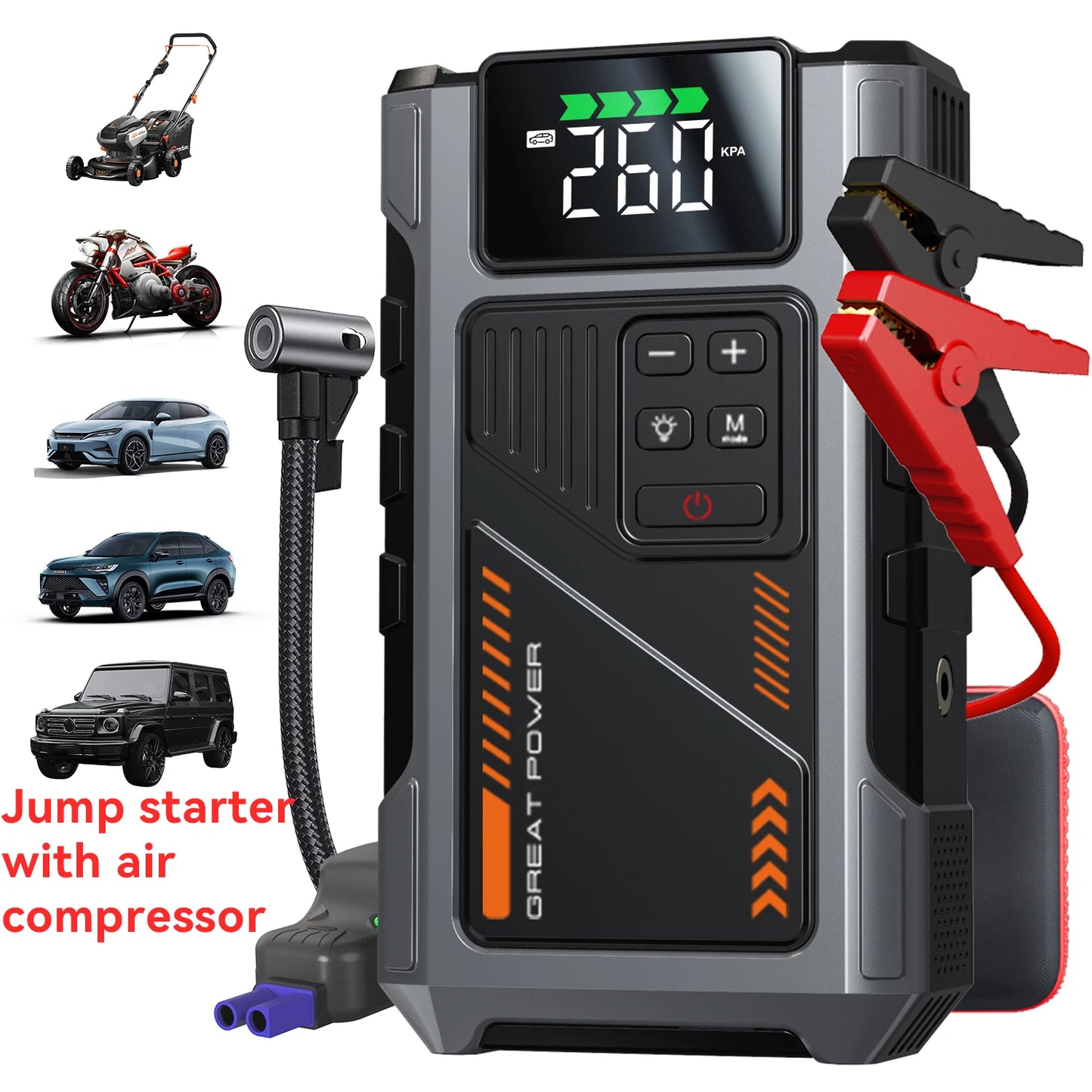 Portable Car Jump Starter With Air Compressor, 3000A Peak(7.5L Gas, 6.5L Diesel) , Jump Starter Battery PackWith150 PSl Tire Inflator