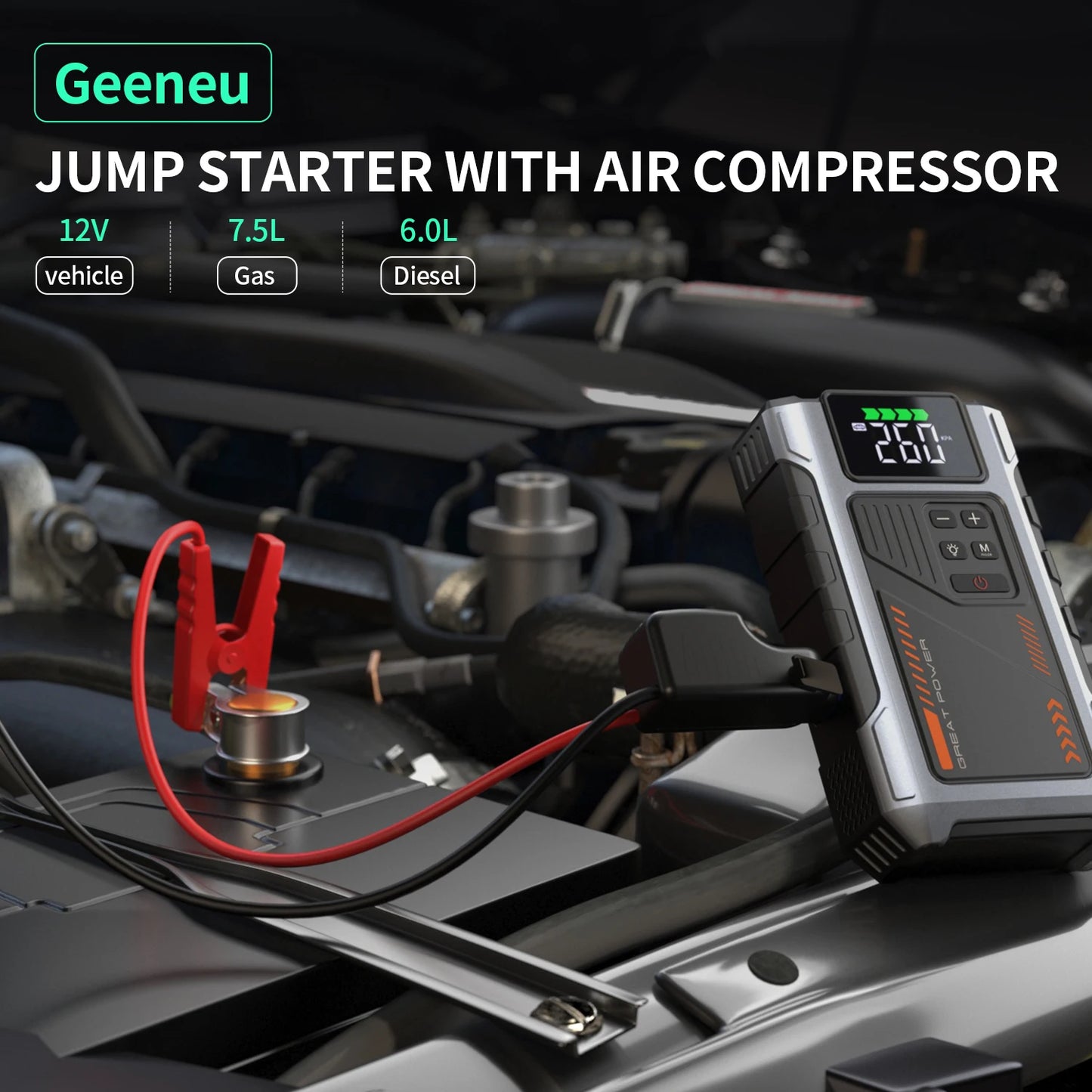Portable Car Jump Starter With Air Compressor, 3000A Peak(7.5L Gas, 6.5L Diesel) , Jump Starter Battery PackWith150 PSl Tire Inflator