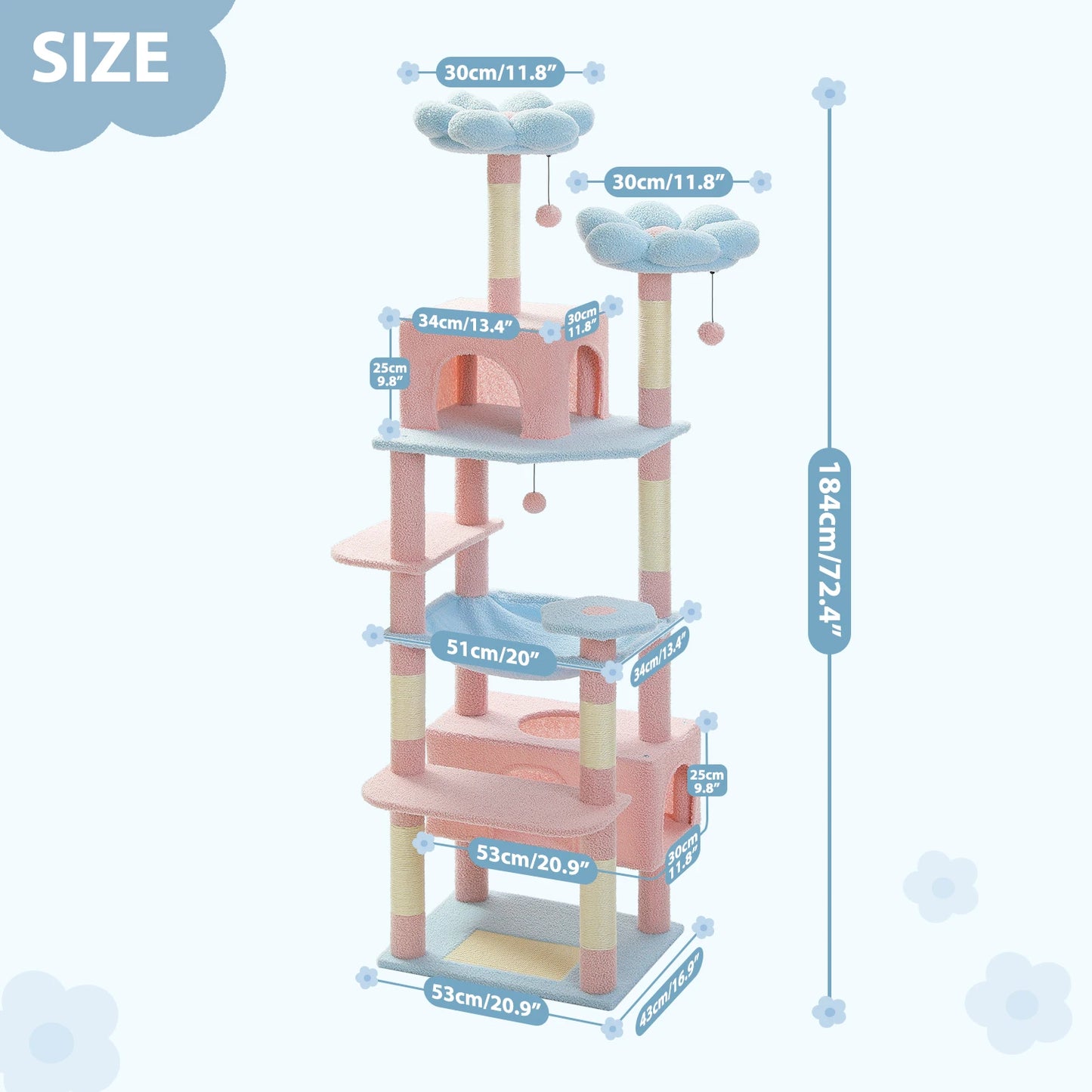 184cm Large Cat Tree Tower for Indoor Cats With Sisal-Covered Scratching Posts Spacious Hammock Padded Perches and Condos