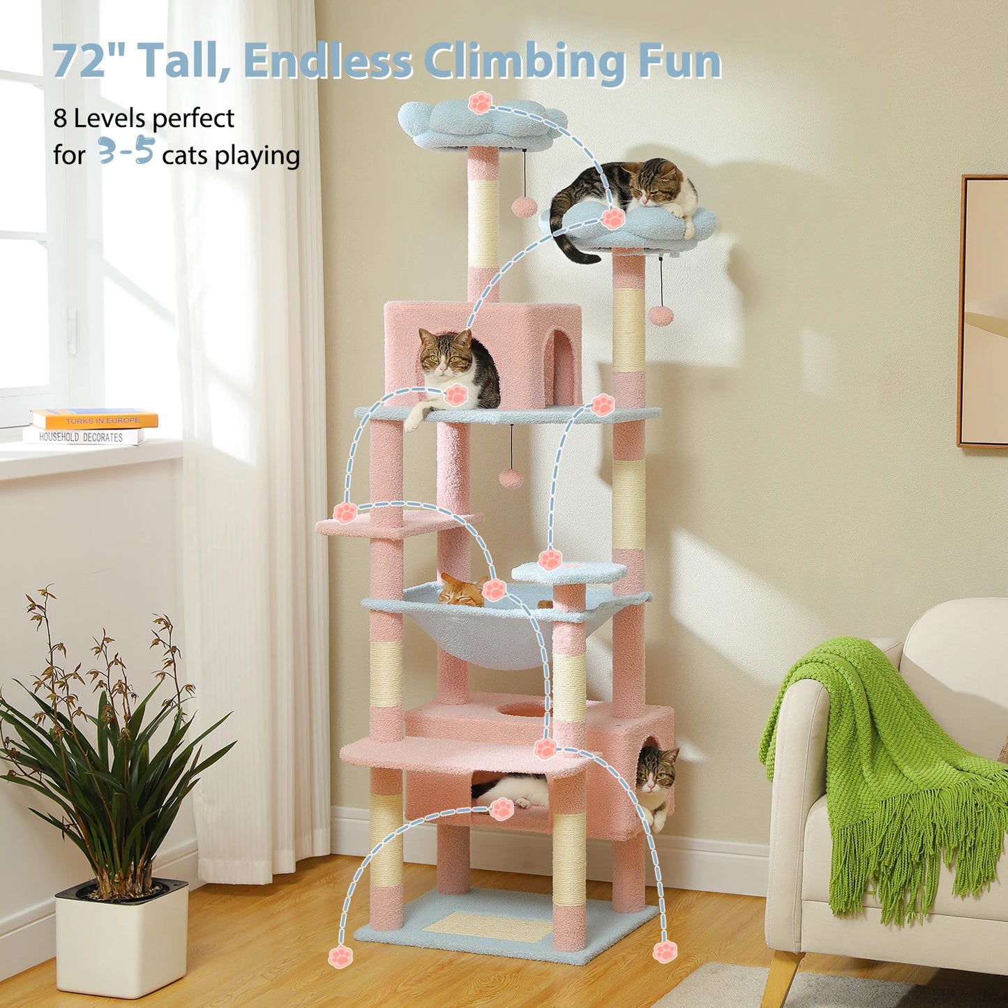 184cm Large Cat Tree Tower for Indoor Cats With Sisal-Covered Scratching Posts Spacious Hammock Padded Perches and Condos